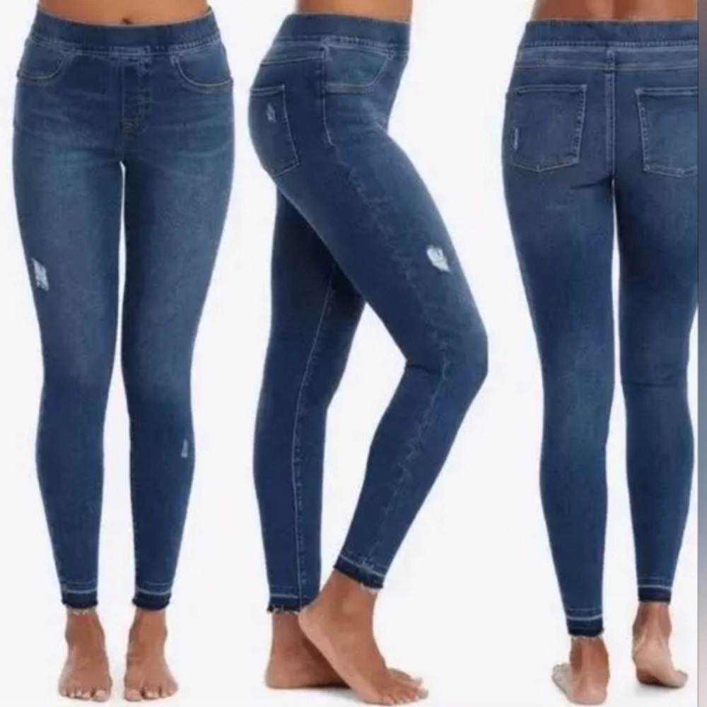 SPANX Sz M Pull On Jeans Skinny Distressed Mid-Wash Raw Hem High Raise Denim NEW